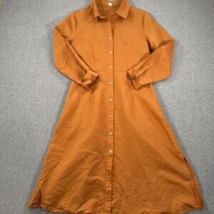 Grae Cove Button Front Midi Dress Women's Small Linen Blend Long Sleeve Orange